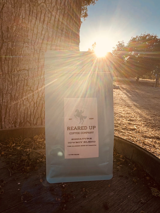 Reared Up Coffee Company turquoise bag on a wine barrel with the sun behind it. 